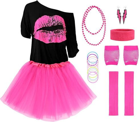 AOMIG 80s Costume Accessories Set for Women, Necklace Fishnet Gloves T-shirt Tutu 80s Party Birthday Costume Accessories in Kuwait