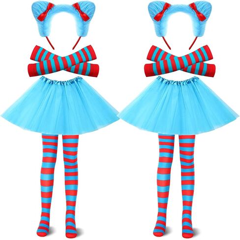 8 Pcs Blue Tulle Tutu Costume Set Includes Tulle Tutu Skirt Cat Ear Headband Red and Blue Striped Leggings Long Arm Warmer Fingerless Gloves for Teenagers Girls Party Supplies Halloween in Saudi Arabia