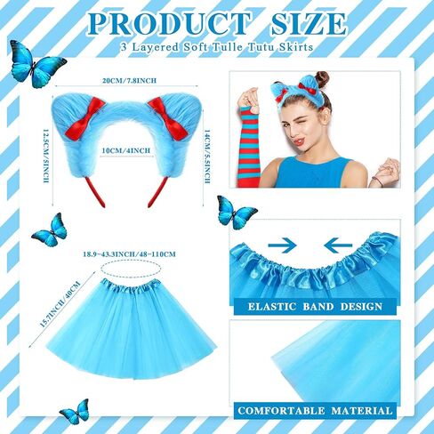 8 Pcs Blue Tulle Tutu Costume Set Includes Tulle Tutu Skirt Cat Ear Headband Red and Blue Striped Leggings Long Arm Warmer Fingerless Gloves for Teenagers Girls Party Supplies Halloween in Saudi Arabia