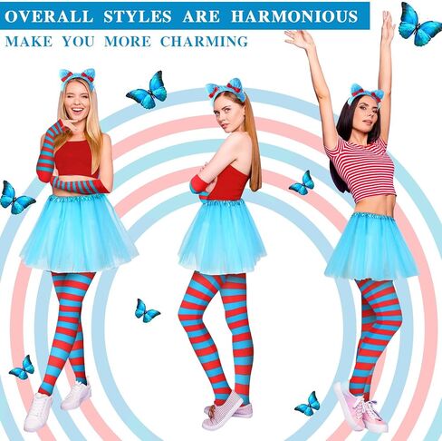 8 Pcs Blue Tulle Tutu Costume Set Includes Tulle Tutu Skirt Cat Ear Headband Red and Blue Striped Leggings Long Arm Warmer Fingerless Gloves for Teenagers Girls Party Supplies Halloween in Saudi Arabia