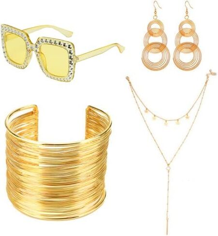مجموعة اكسسوارات ديسكو ذهبية من السبعينيات، مجموعة مجوهرات تنكرية بدون اطار بقطع ماسي ونظارة شمسية مزينة بالترتر وشريط راس بطبقات وقلادة واقراط ديسكو واساور واساور حلقية واسوار، ذهبي، ذهبي in Kuwait