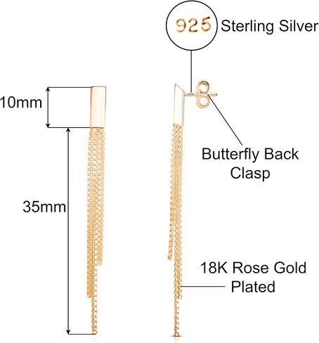 Savlano 925 Sterling Silver Tassel Box Chain Drop Earrings-18K Gold Plated 3-Strand Linear Drop Stud Earrings for Women & Girls Comes with Gift Box-Made in Italy in Saudi Arabia