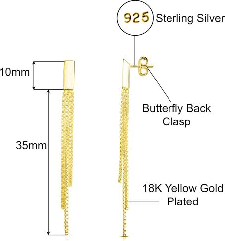 Savlano 925 Sterling Silver Tassel Box Chain Drop Earrings-18K Gold Plated 3-Strand Linear Drop Stud Earrings for Women & Girls Comes with Gift Box-Made in Italy in Saudi Arabia
