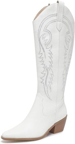 Amoji Women Western Cowboy Boots Pointed Toe Cowgirl Knee High Boots Pull On With Zipper 307 in Saudi Arabia