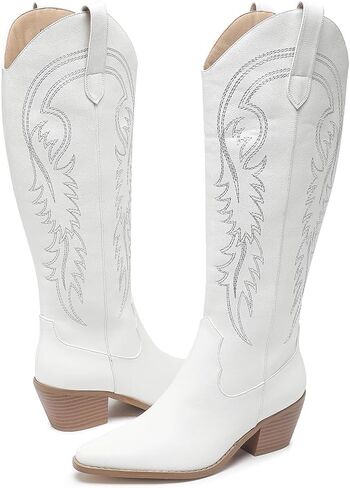 Amoji Women Western Cowboy Boots Pointed Toe Cowgirl Knee High Boots Pull On With Zipper 307 in Saudi Arabia