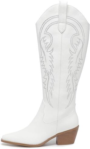 Amoji Women Western Cowboy Boots Pointed Toe Cowgirl Knee High Boots Pull On With Zipper 307 in Saudi Arabia