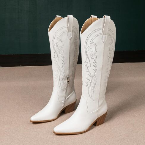 Amoji Women Western Cowboy Boots Pointed Toe Cowgirl Knee High Boots Pull On With Zipper 307 in Saudi Arabia