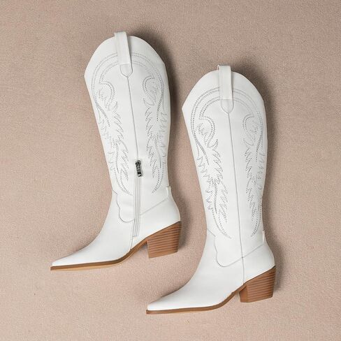 Amoji Women Western Cowboy Boots Pointed Toe Cowgirl Knee High Boots Pull On With Zipper 307 in Saudi Arabia