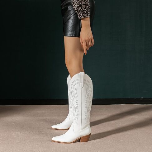 Amoji Women Western Cowboy Boots Pointed Toe Cowgirl Knee High Boots Pull On With Zipper 307 in Saudi Arabia