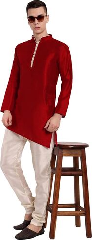 SKAVIJ Men Art Silk Cross Cut Ethnic Kurta Pajama Indian Clothing Traditional Suit Dress Set in Saudi Arabia