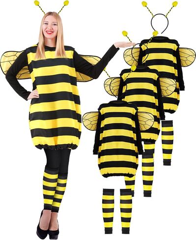 Ramede 4 Set Halloween Bee Costume Set Cute Bee Outfit with Wings, Fuzzy Leg Warmers and Head Piece for Women Halloween Groups Costume Family Costume in Saudi Arabia