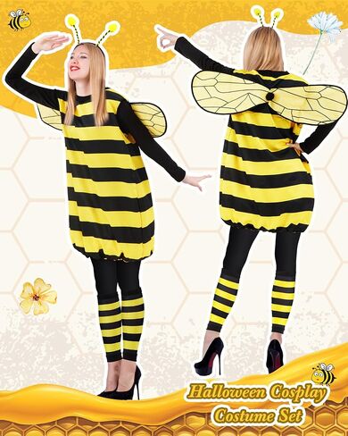 Ramede 4 Set Halloween Bee Costume Set Cute Bee Outfit with Wings, Fuzzy Leg Warmers and Head Piece for Women Halloween Groups Costume Family Costume in Saudi Arabia