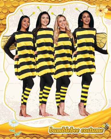 Ramede 4 Set Halloween Bee Costume Set Cute Bee Outfit with Wings, Fuzzy Leg Warmers and Head Piece for Women Halloween Groups Costume Family Costume in Saudi Arabia
