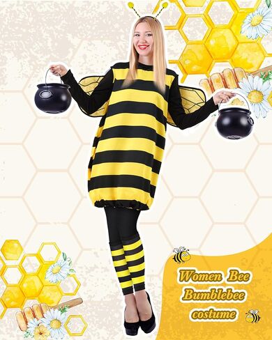 Ramede 4 Set Halloween Bee Costume Set Cute Bee Outfit with Wings, Fuzzy Leg Warmers and Head Piece for Women Halloween Groups Costume Family Costume in Saudi Arabia