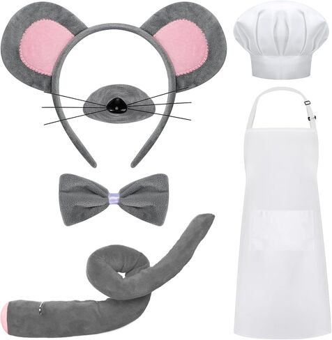 JieyueJewelry 5 قطع من إكسسوارات أزياء الفأر ومجموعة قبعة مريلة الشيف وعصابة رأس الفأر وذيل قبعة الشيف وجيب المطبخ للبالغين ومريلة قابلة للتعديل مع قبعة الجزار زي الخباز للأطفال الصغار والأطفال in Kuwait