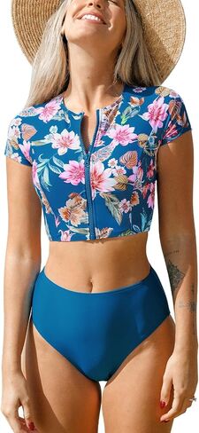 CUPSHE Women Swimsuit Two Piece Bikini Sets High Waisted Short Sleeve High Neck Zipper Front Bathing Suit in Saudi Arabia