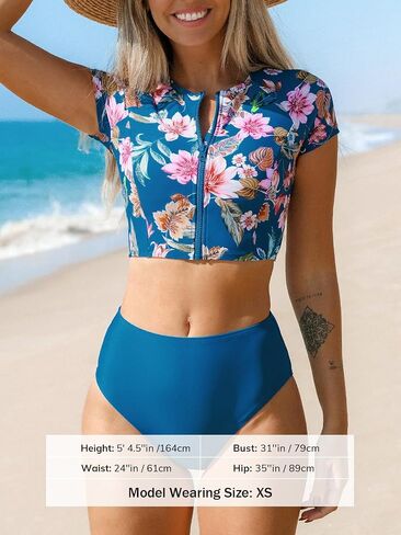 CUPSHE Women Swimsuit Two Piece Bikini Sets High Waisted Short Sleeve High Neck Zipper Front Bathing Suit in Saudi Arabia