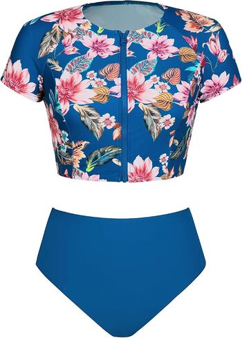 CUPSHE Women Swimsuit Two Piece Bikini Sets High Waisted Short Sleeve High Neck Zipper Front Bathing Suit in Saudi Arabia