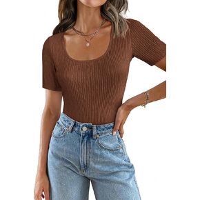 Zeagoo Women's 2024 Short Sleeve T Shirt Square Neck Slim Fitted Tops Summer Basic Solid Color Tee Tops