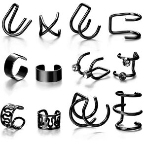 FUTIMELY 12Pairs Ear Cuffs Earrings Set for Women Girls, Gold/Silver/Black Plated Stainless Steel Non Piercing Ear cuff Earrings Cartilage Clip Cuff Earrings Jewelry