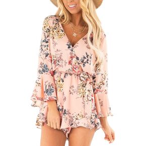 رومبير نسائي من Relipop مطبوع عليه زهور وياقة على شكل V وأكمام فضفاضة وربطة عنق وطبقات مكشكشة وحاشية قصيرة غير رسمية للصيف in Kuwait