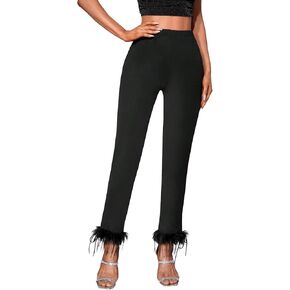 SweatyRocks Women's High Elastic Waist Solid Skinny Pants Fuzzy Trim Stretchy Tight Pants Leggings in Kuwait