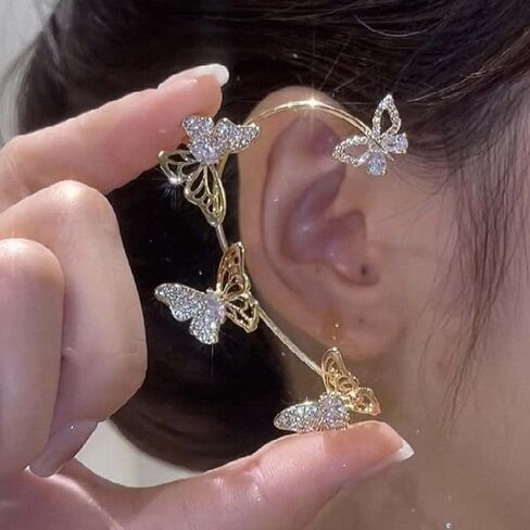 BETHYNAS Glitter Rhinestone Butterfly Flower Ear Cuff Sparkly Non-Pierced Crystal Tassel Fake Earrings Climber Lady Ear Wrap Bridal Party Ear Jewelry for Women and Girls in Kuwait