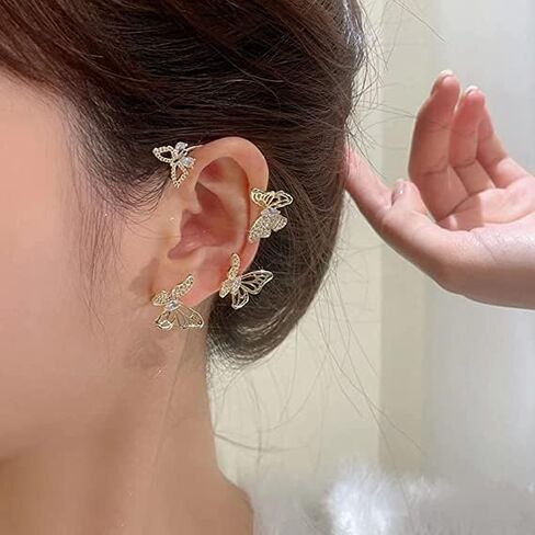 BETHYNAS Glitter Rhinestone Butterfly Flower Ear Cuff Sparkly Non-Pierced Crystal Tassel Fake Earrings Climber Lady Ear Wrap Bridal Party Ear Jewelry for Women and Girls in Kuwait