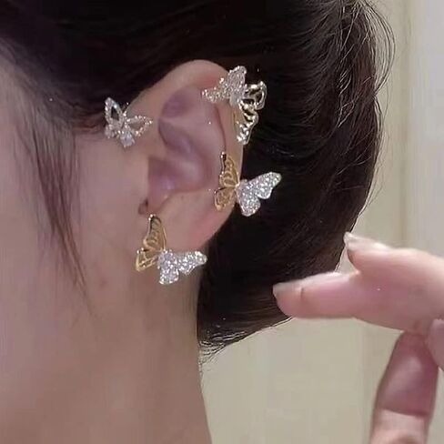 BETHYNAS Glitter Rhinestone Butterfly Flower Ear Cuff Sparkly Non-Pierced Crystal Tassel Fake Earrings Climber Lady Ear Wrap Bridal Party Ear Jewelry for Women and Girls in Kuwait