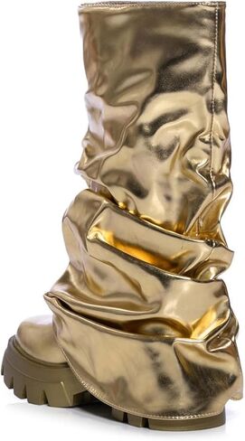 أحذية DETOGNI النسائية ذات اللون المعدني لمنتصف الساق قابلة للسحب ومزودة بنعل سميك ونعل مستدير عند الأصابع in Kuwait