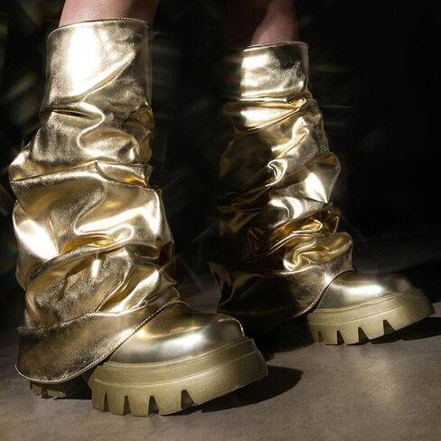 أحذية DETOGNI النسائية ذات اللون المعدني لمنتصف الساق قابلة للسحب ومزودة بنعل سميك ونعل مستدير عند الأصابع in Kuwait