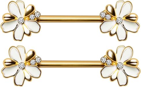 Pierced Owl 14GA Gold Plated 316L Stainless Steel Jeweled White Flower Nipple Barbells, Sold as a Pair in Saudi Arabia