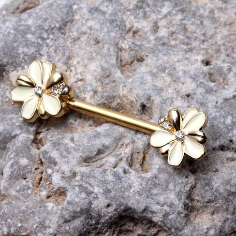Pierced Owl 14GA Gold Plated 316L Stainless Steel Jeweled White Flower Nipple Barbells, Sold as a Pair in Saudi Arabia
