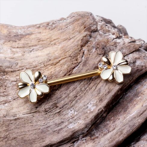 Pierced Owl 14GA Gold Plated 316L Stainless Steel Jeweled White Flower Nipple Barbells, Sold as a Pair in Saudi Arabia