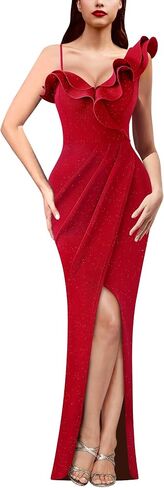 VFSHOW Womens Ruffle One Shoulder Strap Ruched Prom Formal Wedding Maxi Dress 2023 Sexy Faux Wrap Split Cocktail Evening Gown in Saudi Arabia