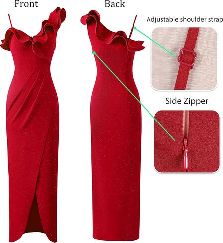 VFSHOW Womens Ruffle One Shoulder Strap Ruched Prom Formal Wedding Maxi Dress 2023 Sexy Faux Wrap Split Cocktail Evening Gown in Saudi Arabia