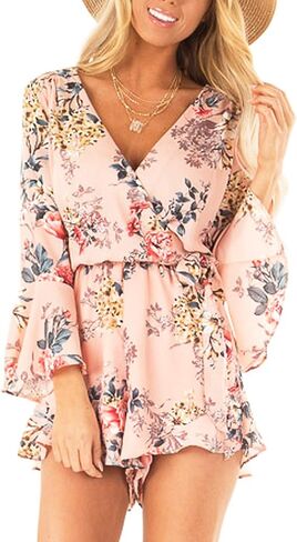 رومبير نسائي من Relipop مطبوع عليه زهور وياقة على شكل V وأكمام فضفاضة وربطة عنق وطبقات مكشكشة وحاشية قصيرة غير رسمية للصيف in Kuwait