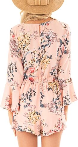 رومبير نسائي من Relipop مطبوع عليه زهور وياقة على شكل V وأكمام فضفاضة وربطة عنق وطبقات مكشكشة وحاشية قصيرة غير رسمية للصيف in Kuwait