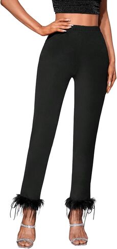 SweatyRocks Women's High Elastic Waist Solid Skinny Pants Fuzzy Trim Stretchy Tight Pants Leggings in Kuwait