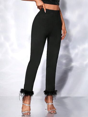 SweatyRocks Women's High Elastic Waist Solid Skinny Pants Fuzzy Trim Stretchy Tight Pants Leggings in Kuwait