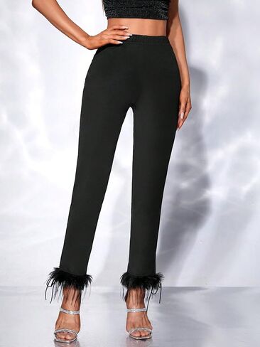 SweatyRocks Women's High Elastic Waist Solid Skinny Pants Fuzzy Trim Stretchy Tight Pants Leggings in Kuwait