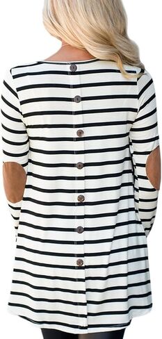 For G and PL Women Stripe Elbow Patch Button Down Back Tunic Tops in Saudi Arabia