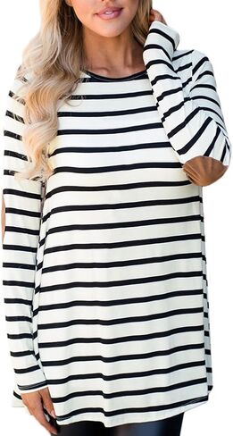 For G and PL Women Stripe Elbow Patch Button Down Back Tunic Tops in Saudi Arabia