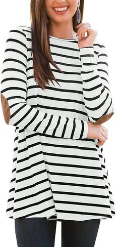 For G and PL Women Stripe Elbow Patch Button Down Back Tunic Tops in Saudi Arabia