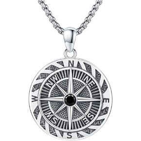 Compass Necklace 925 Sterling Silver Viking Jewelry for Men Black Vintage Trident Pendant Navigational Gifts Sail Memorial Jewelry for Women Men Husband Boyfriend