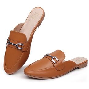 Hawkwell Women's Metal Chain Decor Backless Slip on Slides Loafer Shoes Flats Comfortable Round Toe Mules