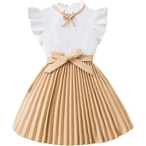 OYOANGLE Girl's Pleated Colorblock Short Sleeve Stand Collar A Line Flared Belted Short Dress in Saudi Arabia