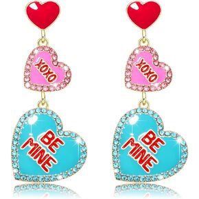 Valentines Day Heart Earrings Rhinestone XO XO BE MINE TEXT ME Conversation Heart Drop Dangle Earrings Fun Valentine Holiday Earrings Jewelry Accessories for Women Girls