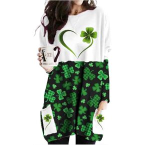 قميص فستان MOUSYA St Patrick's Day للنساء على شكل قلب البرسيم وأكمام طويلة وبلوزات مقاس كبير مع جيوب