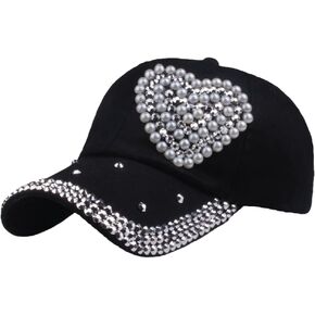 Baseball Cap for Women Shiny Pearl Loving Heart Baseball Caps Vintage Denim Hats Bling Sun Hat Adjustable Comfy Sport Hats